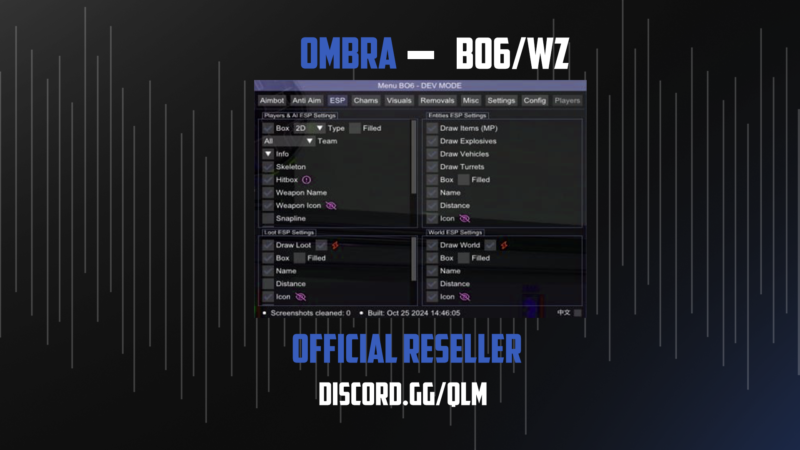 Ombra BO6 Cheat tool showcasing aimbot, spoofer, and unlock all features for Black Ops 6.